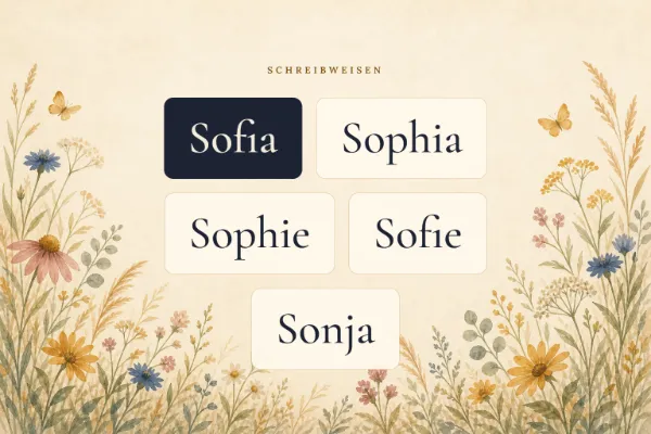 Der Vorname Sofia in verschiedenen Schreibweisen: Sofia, Sophia, Sophie, Sofie, Sonja