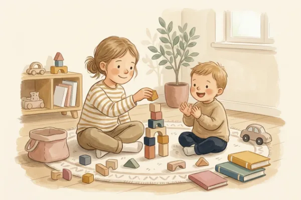 Illustration zweier Geschwister, die gemeinsam mit Bauklötzen spielen – Geschwisternamen zu Sophie