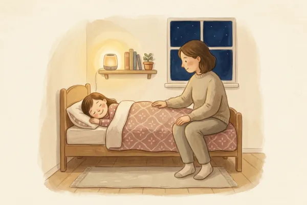 Ein Mädchen hört abends im Bett mit Mama oder Papa eine Geschichte – Hörgeschichte mit dem Namen Sophie