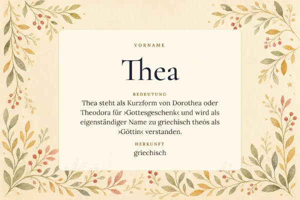 Namensgrafik zum Vornamen Thea: Bedeutung „Thea steht als Kurzform von Dorothea oder Theodora für ›Gottesgeschenk‹ und wird als eigenständiger Name zu griechisc
