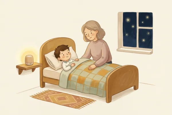 Ein Junge hört abends im Bett mit Mama oder Papa eine Geschichte – Hörgeschichte mit dem Namen Theo