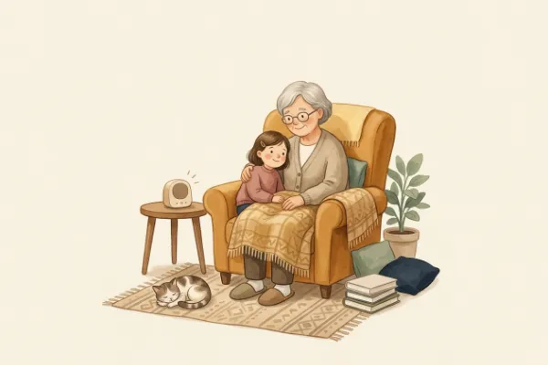 Ein Mädchen hört mit Oma oder Opa im Sessel eine Geschichte – Hörgeschichte mit dem Namen Tilda