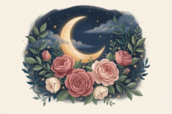 Illustration von Mondsichel und Rosen als Symbole für türkische Mädchennamen mit den Silben Ay und Gül