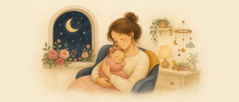 Mutter hält ihr Baby im Arm am Fenster mit Rosen und Mondsichel – Inspiration für türkische Mädchennamen.