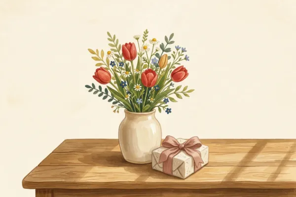 Roter Blumenstrauß und kleines Geschenk auf einem Holztisch zum Gedenktag des heiligen Valentin am 14. Februar.