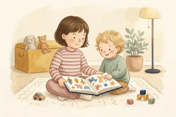 Zwei Geschwisterkinder schauen gemeinsam auf einer Decke ein Bilderbuch an – passende Geschwisternamen zu Vivien