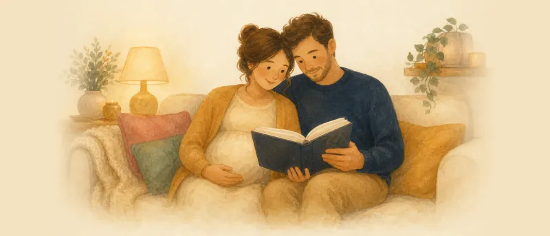 Illustration: Eltern blättern gemeinsam in einem Vornamenbuch und vergleichen die Namensbedeutung mehrerer Vornamen