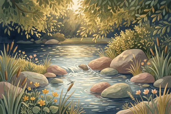 Klares Wasser mit Uferpflanzen und Libelle im Abendlicht, passend zu Yara: Bedeutung „Herrin des Wassers“.