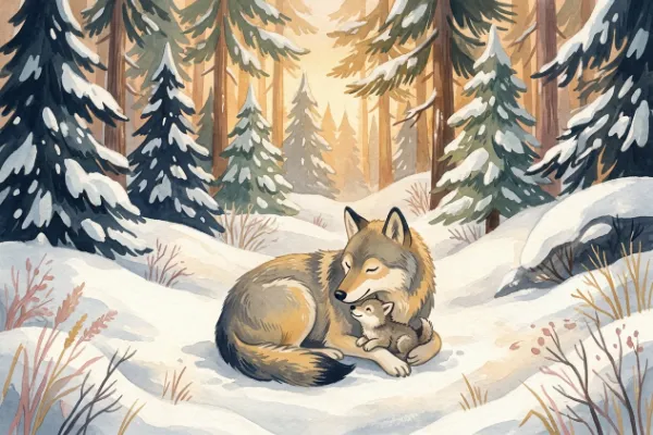 Wolfssymbolik im Namenslexikon: eine Wölfin mit einem Welpen im Schnee als Bild zur Herkunft des Namens Ylvie