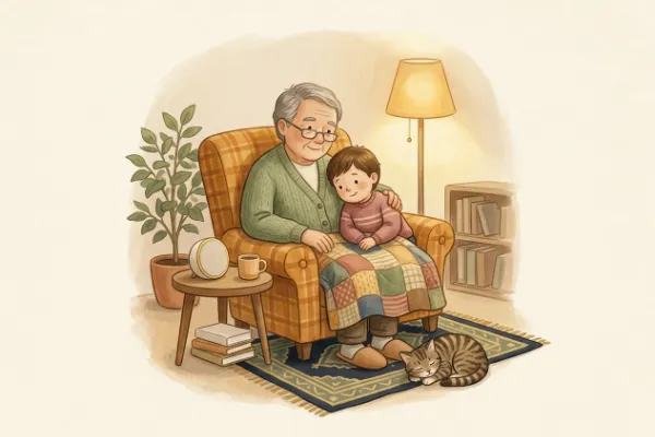 Ein Kind hört mit Oma oder Opa im Sessel eine Geschichte – Zwillingsnamen