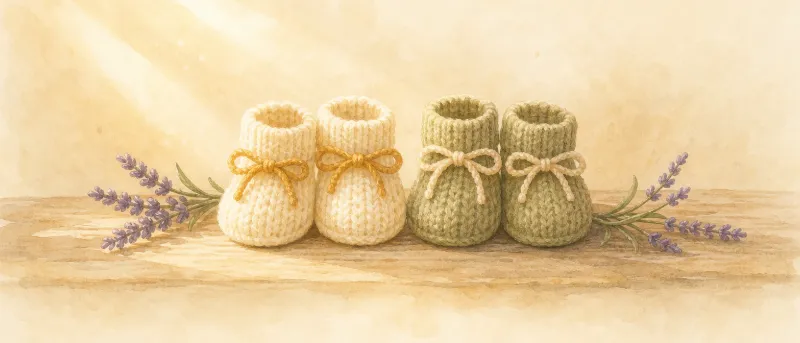 Zwei Paar gestrickte Babyschühchen auf einem Holztisch im Morgenlicht – Titelbild für die Übersicht schöner Zwillingsnamen.