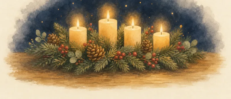 Adventskranz mit vier brennenden Kerzen und Tannenzweigen auf einem Holztisch – Weihnachten mit Kindern