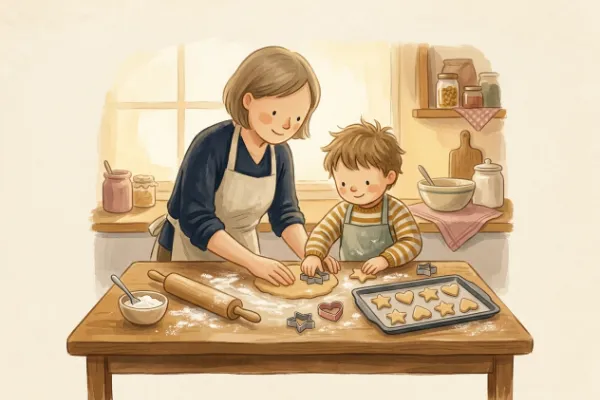 Ausgestochene Plätzchen in Stern- und Herzform auf einem Backblech – Weihnachtszeit mit Kindern