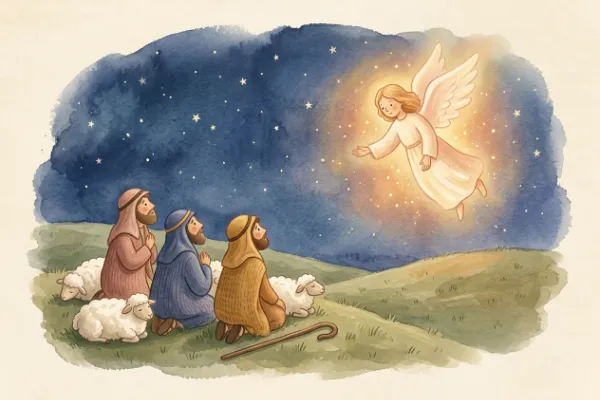 Hirten auf dem Feld bei Nacht hören die Botschaft des Engels, Sternenhimmel über Bethlehem, Illustration zur Weihnachtsgeschichte aus der Bibel