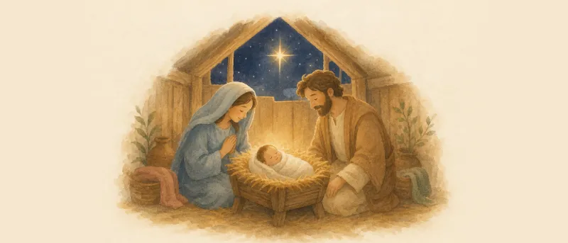 Weihnachtsgeschichte Bibel: Maria, Josef und das neugeborene Kind in der Krippe im Stall, warmes Licht, Kinderillustration