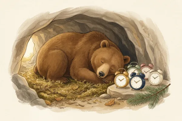 Brauner Bär in einer Höhle neben fünf Weckern und einem Tannenzweig – Illustration zu Bruno Bär schläft durch den Advent