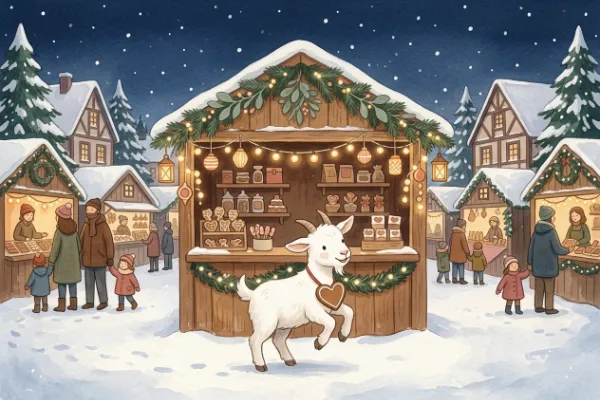 Ziege mit Lebkuchenherz vor einem Stand auf dem verschneiten Christkindlmarkt – Illustration zu Der Christkindlmarkt im Schneegestöber