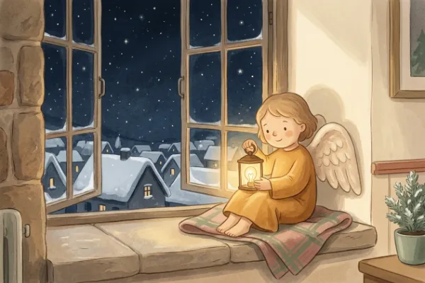 Kleiner Engel mit einer Kerze auf einem Fensterbrett in der Nacht – Illustration zu Der kleine Engel und die letzte Kerze