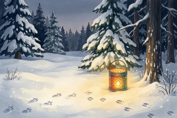 Kleine bunte Laterne im Schnee am Waldrand mit Spuren von Hase und Reh – Illustration zu Mira und das kleine Licht