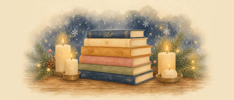 Kerzenlicht auf einem Stapel Kinderbücher mit Tannenzweig und Schneeflocken – Weihnachtsgeschichten zum Vorlesen und Anhören