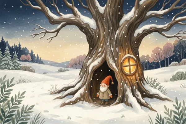 Wichtel mit roter Zipfelmütze und kleiner Glocke vor einem hohlen Baum im Schnee – Illustration zu Wichtel Wim und die verlorene Zipfelmütze