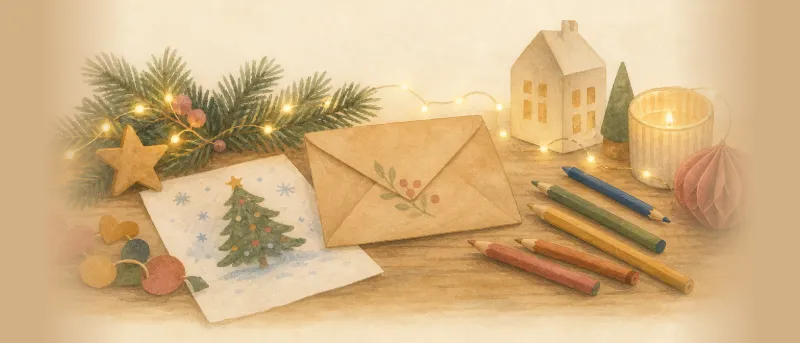 Briefumschlag für die Adresse des Weihnachtsmanns auf einem Holztisch, daneben Buntstifte, ein gemaltes Bild und Tannenzweige