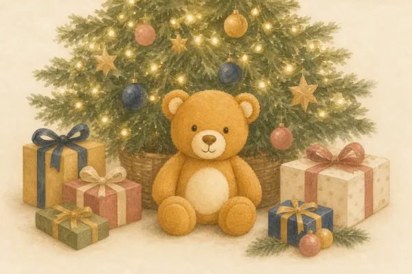 Plüschtier mit Lautsprecher als Weihnachtsgeschenk neben einem Weihnachtsbaum