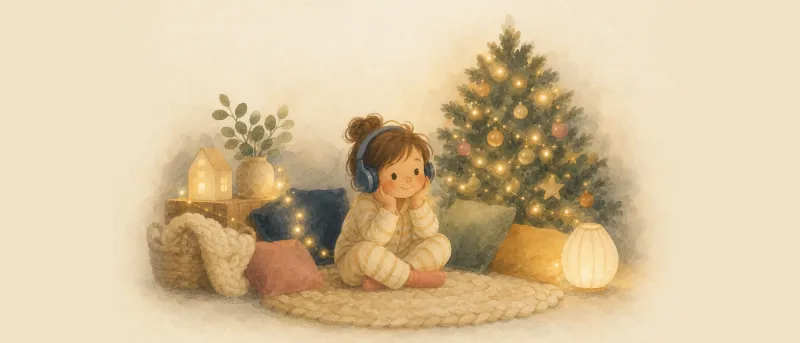 Titelbild: Weihnachtsmann anrufen – Illustration eines Kindes, das abends mit Kopfhörern eine persönliche Hörgeschichte mit seinem Namen hört