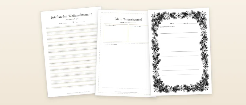 Brief an den Weihnachtsmann: Schreibbrief mit Linien, Malvorlage mit Wunschfeldern und Briefbogen mit Sternenrand