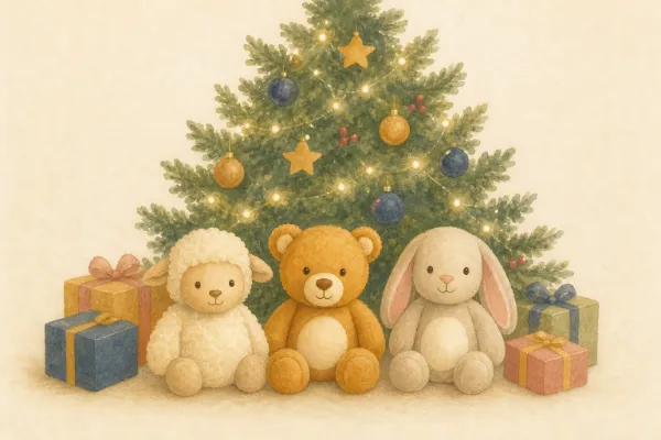 Plüschtier mit Lautsprecher: Schaf, Bär und Hase sitzen nebeneinander unter einem Weihnachtsbaum
