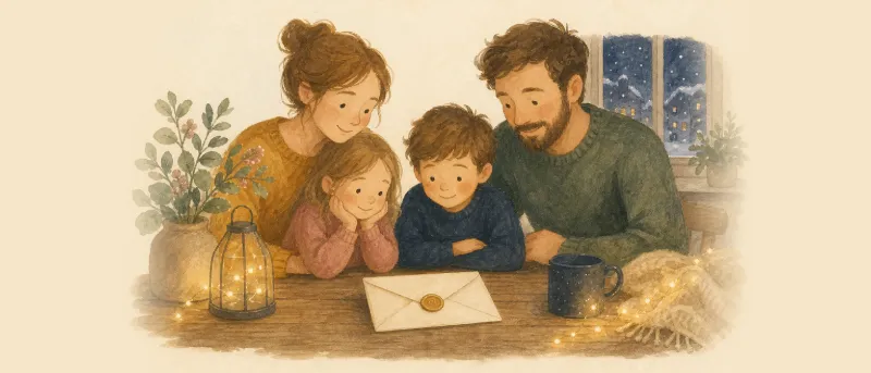 Brief vom Weihnachtsmann: gefalteter Brief mit Goldsiegel vor winterlicher Kulisse