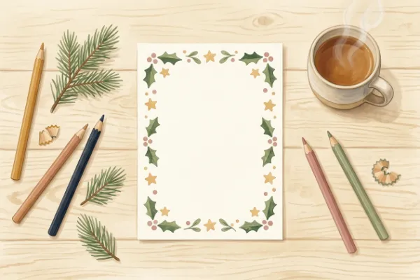 Vorlage für den Brief vom Weihnachtsmann zum Ausdrucken auf einem Küchentisch mit Buntstiften