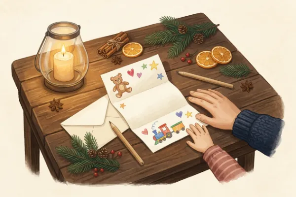 Wunschzettel, Briefumschlag und Stift auf einem Holztisch neben Kerzen – Motiv zum Brief an den Weihnachtsmann