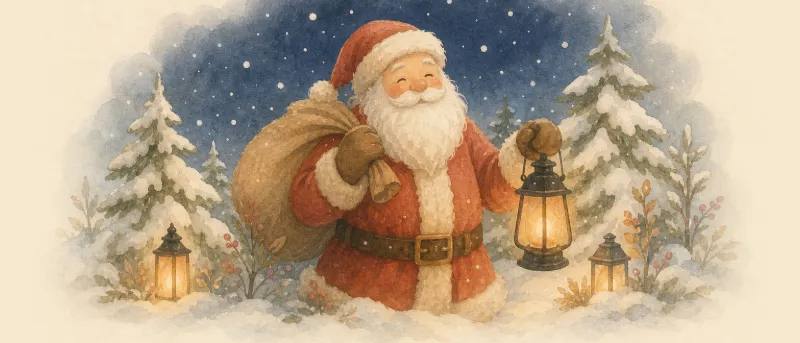 Weihnachtsmann mit weißem Bart, rotem Mantel und Geschenkesack vor verschneiten Tannen – Titelbild zum Weihnachtsmann für Kinder und Eltern