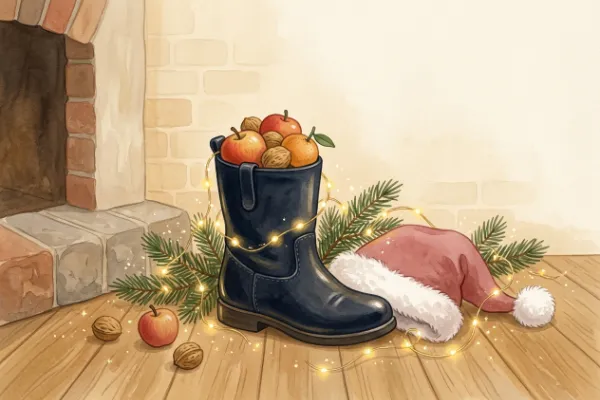 Geputzter Nikolausstiefel mit Nüssen und Äpfeln neben roter Weihnachtsmann-Mütze – Nikolaus und Weihnachtsmann im Vergleich