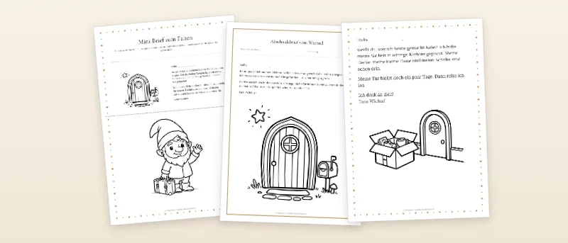 Abschiedsbrief vom Wichtel: Mini-Brief zum Falten, Ausfüllbarer Abschiedsbrief und Abschiedsbrief mit Mini-Umzugskarton