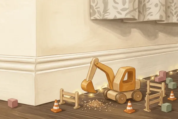 Miniatur-Baustelle mit Bauzaun und Holzbagger an der Fußleiste als Ankündigung: Der Wichtel zieht ein