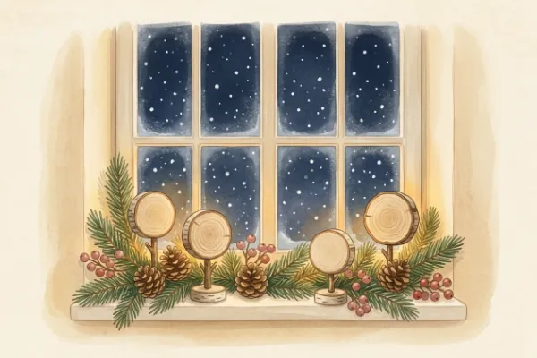 Kleine Holzschilder für Namen für Wichtel und winterliche Naturdekoration auf einer gemütlichen Fensterbank.