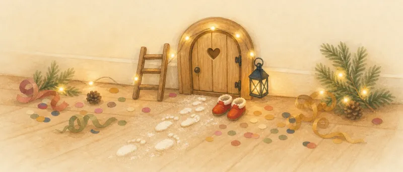 Wichtel-Streiche im Advent: kleine Wichteltür mit Konfetti, Streuseln und Klopapierrollen im Kinderzimmer