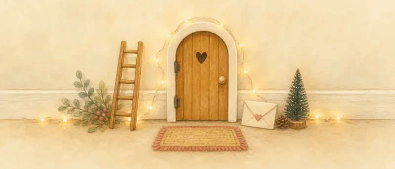Wichtel-Ideen: kleine Wichteltür mit Mini-Deko, Brief und Lichterkette an einer Zimmerwand
