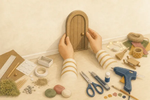 Hände kleben die gebastelte Mini-Tür mit Klebepunkten bodennah an die Wand