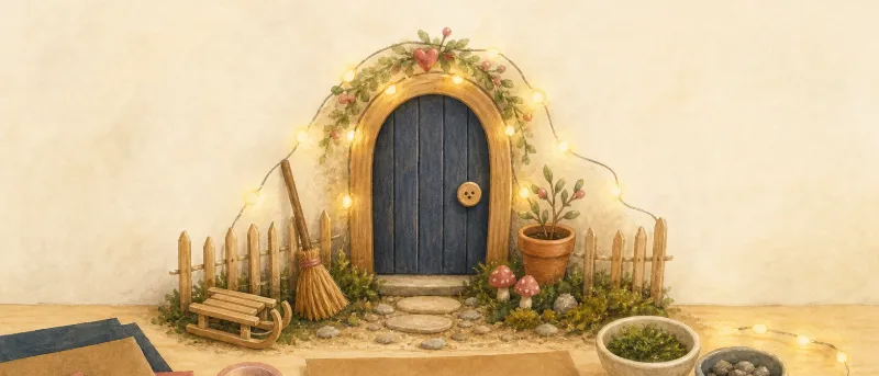 Fertige Wichteltür-Ideen an der Wand: Mini-Tür mit Rahmen, Zaun, Mini-Garten und Lichterkette