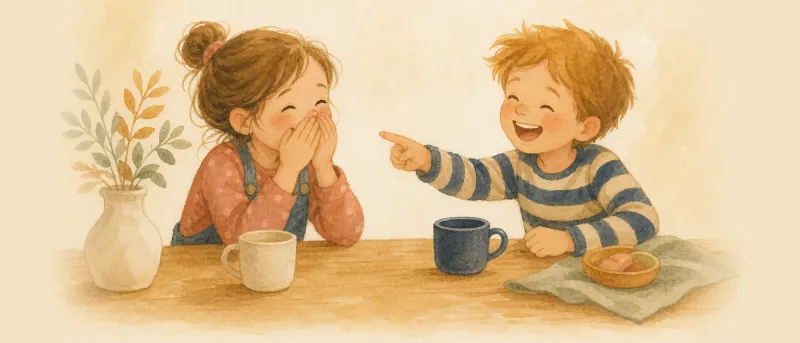 Illustration: Zwei Kinder lachen am Küchentisch beim Erzählen von Fritzchen-Witzen