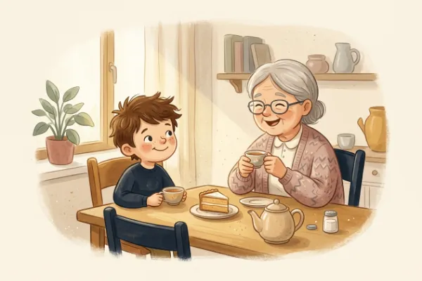 Illustration: Fritzchen sitzt mit seiner Oma beim Kuchen am Tisch und erzählt