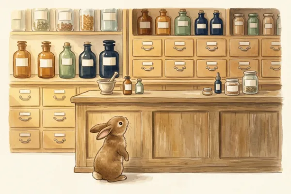Cartoon-Häschen fragt in einer Apotheke nach Möhren – Szene aus bekannten Häschenwitzen