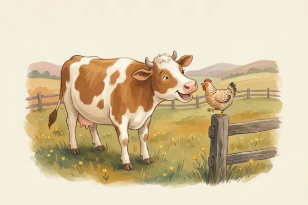 Kuh und Huhn erzählen sich auf der Weide gegenseitig Tierwitze