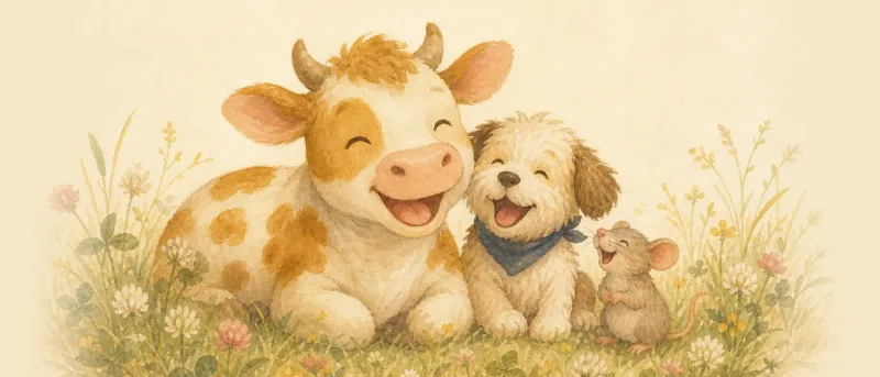Lachende Kuh, Hund und Maus auf einer Wiese – Titelbild für Tierwitze zum Weitererzählen