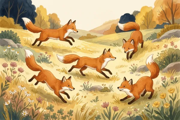 Fünf flinke Füchse laufen über eine Wiese – Illustration zum tierischen Zungenbrecher