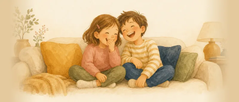 Titelbild zu Witzen für Kinder: zwei Kinder lachen beim Weitererzählen auf dem Sofa