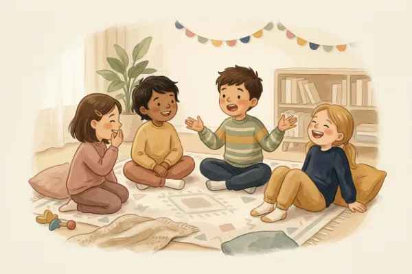 Kinder sitzen im Kreis und erzählen sich beim Kindergeburtstag Kinderwitze